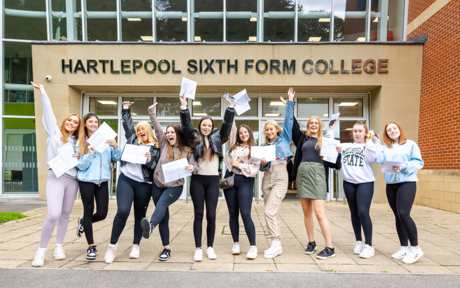 Students from Hartlepool Sixth Form College celebrate receiving their results in August 2023